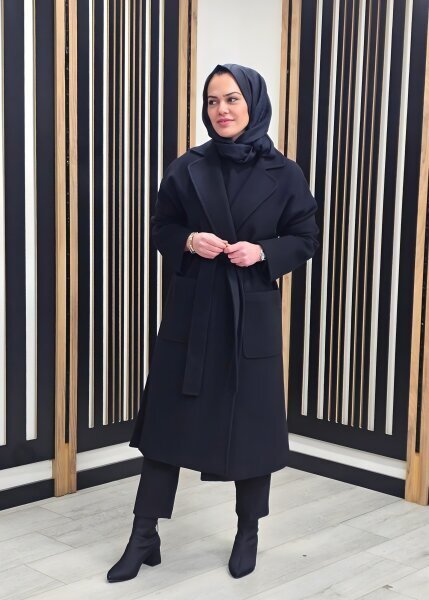 Si Design Kruvaze Kaşe Kaban SİYAH - 3