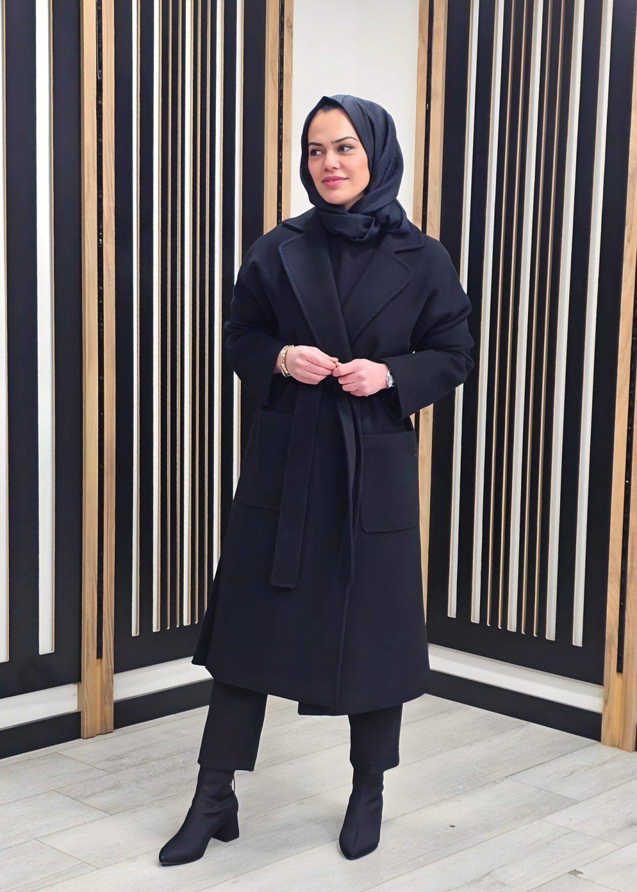 Si Design Kruvaze Kaşe Kaban SİYAH - 3