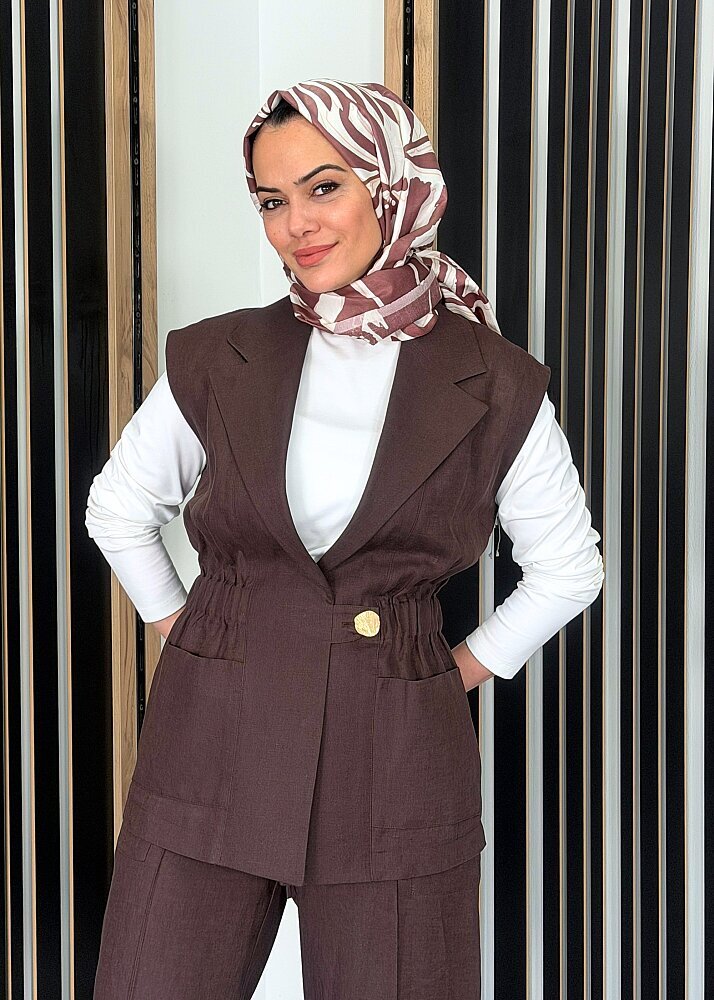 Si Design Önü Büzgülü Keten Yelek KAHVE (1)