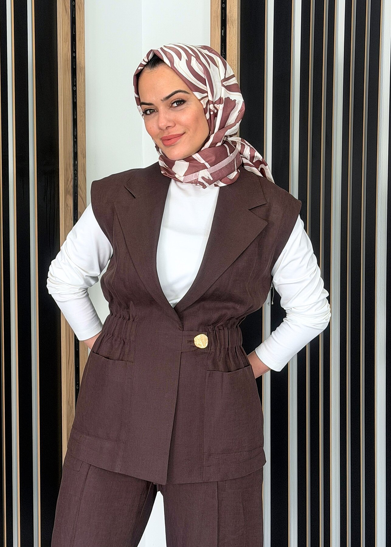 Si Design Önü Büzgülü Keten Yelek KAHVE - 2
