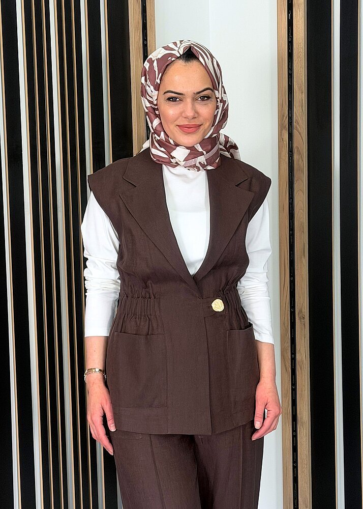 Si Design Önü Büzgülü Keten Yelek KAHVE - 3