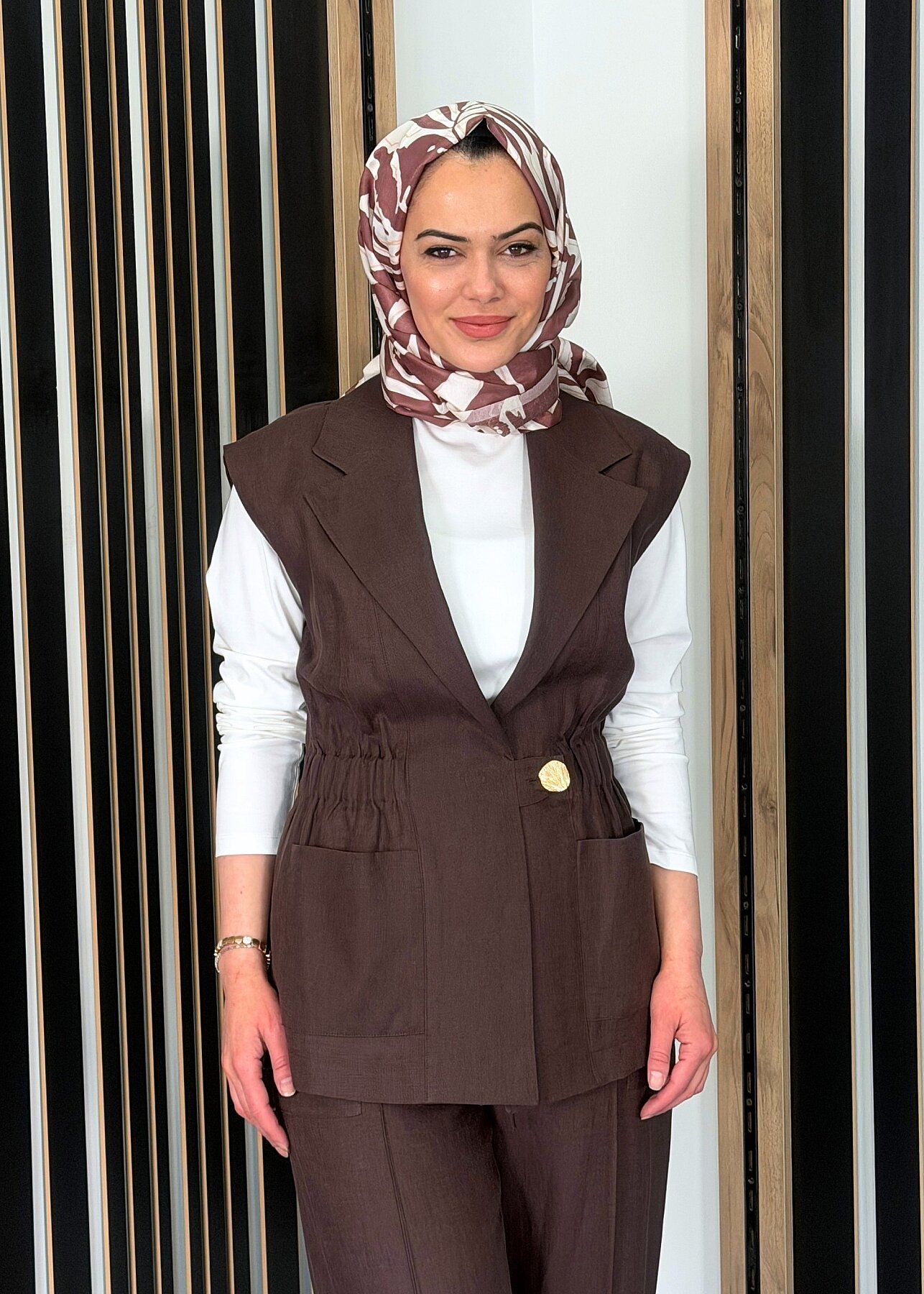 Si Design Önü Büzgülü Keten Yelek KAHVE - 3