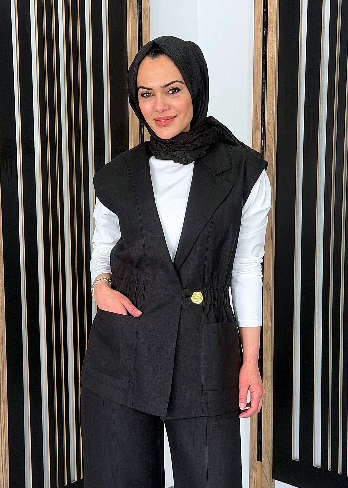 Si Design Önü Büzgülü Keten Yelek SİYAH (1)