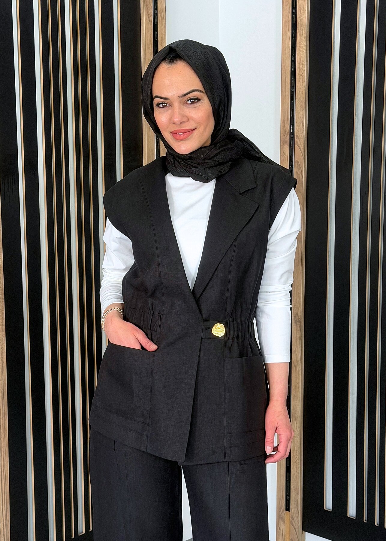 Si Design Önü Büzgülü Keten Yelek SİYAH - 2