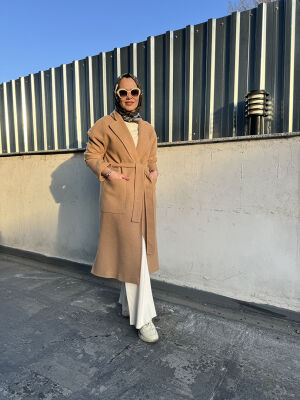 Si Desing Yanları Yırtmaçlı Kaşe Kaban CAMEL